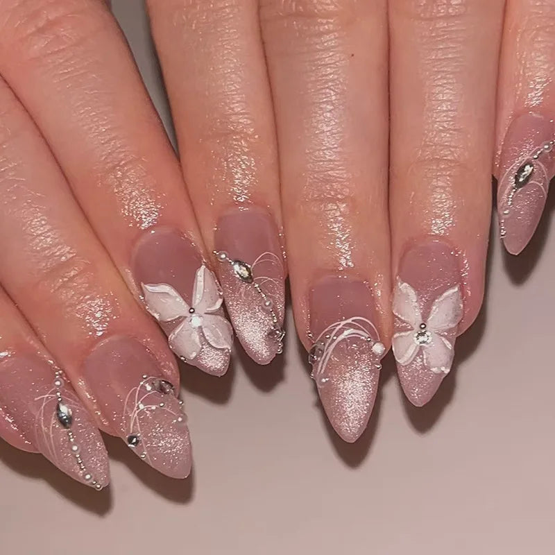 24Pcs Metallic Cat Eye French Sheer Manicure Tip Art Textured 3D Acrylic False Nails Nude Pink Almond Medium Press on Fake Nails 7