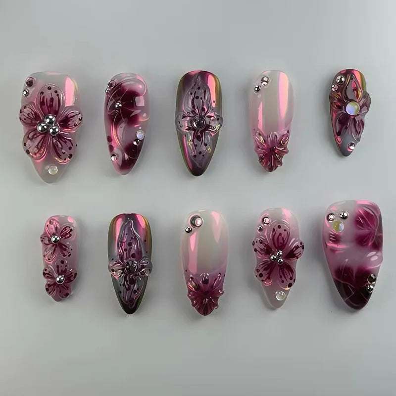 24pcs Flower Print Press on Nails Wine Red Blush Almond False Nail Tips Wearable Reusable Summer Spicy Girl Fake Nails 1