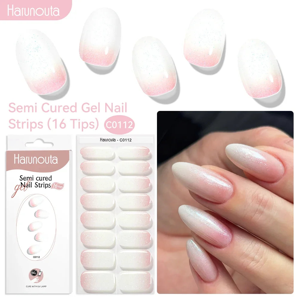 Harunouta 16strips Gradient Red Marble Gold Line Semi Cured Gel Nail Strips DIY Gel Polish Stickers for Nails Work with UV/LED 34