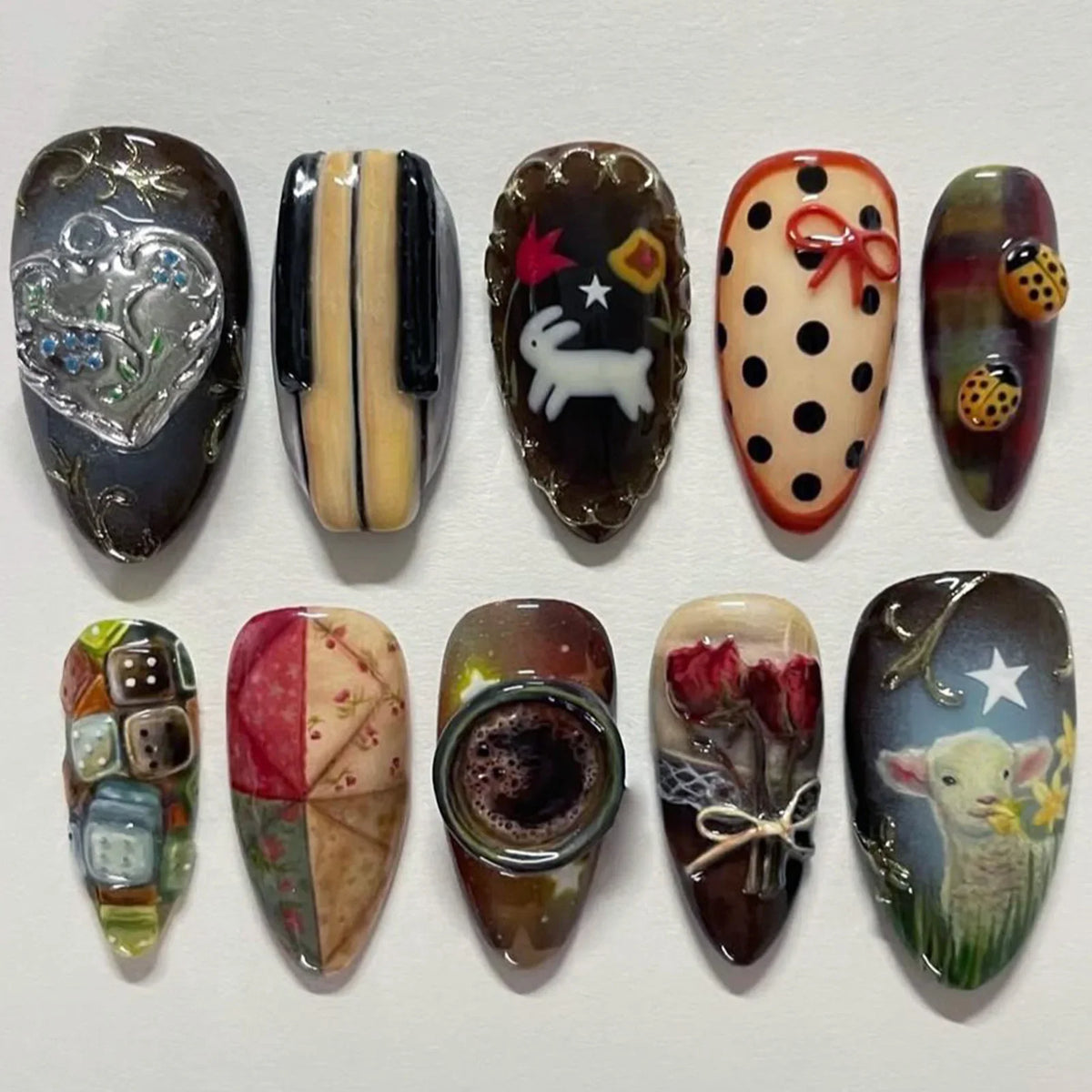24pcs Flower Print Press on Nails Wine Red Blush Almond False Nail Tips Wearable Reusable Summer Spicy Girl Fake Nails 33