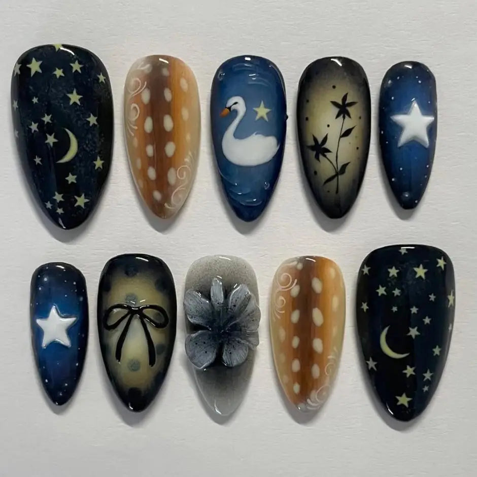24pcs Gradient Black False Nails Yellow Star Moon Swan Pattern Press On Nails Sweet Cool Bowknots Flower Fake Nail Y2k Manicure 1