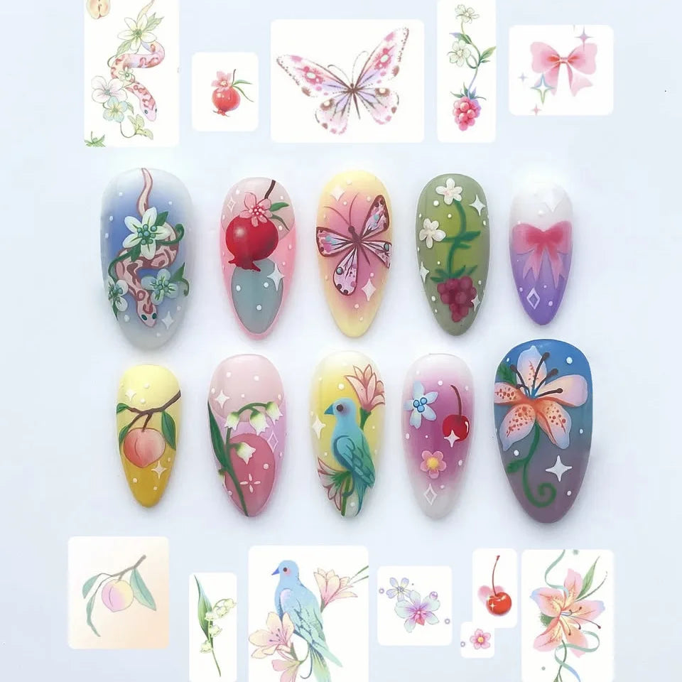 24pcs Flower Print Press on Nails Wine Red Blush Almond False Nail Tips Wearable Reusable Summer Spicy Girl Fake Nails 27