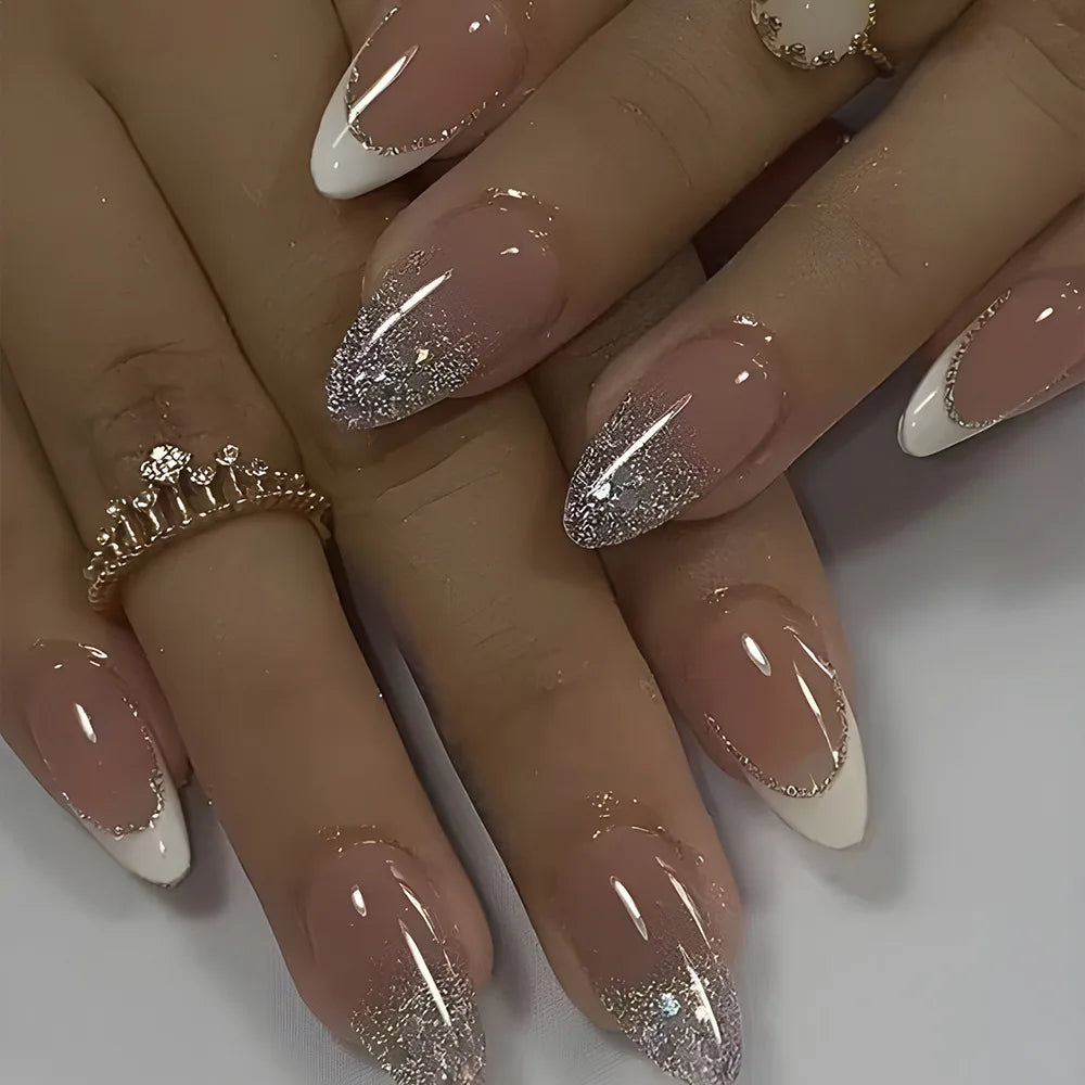 24Pcs Metallic Cat Eye French Sheer Manicure Tip Art Textured 3D Acrylic False Nails Nude Pink Almond Medium Press on Fake Nails 21
