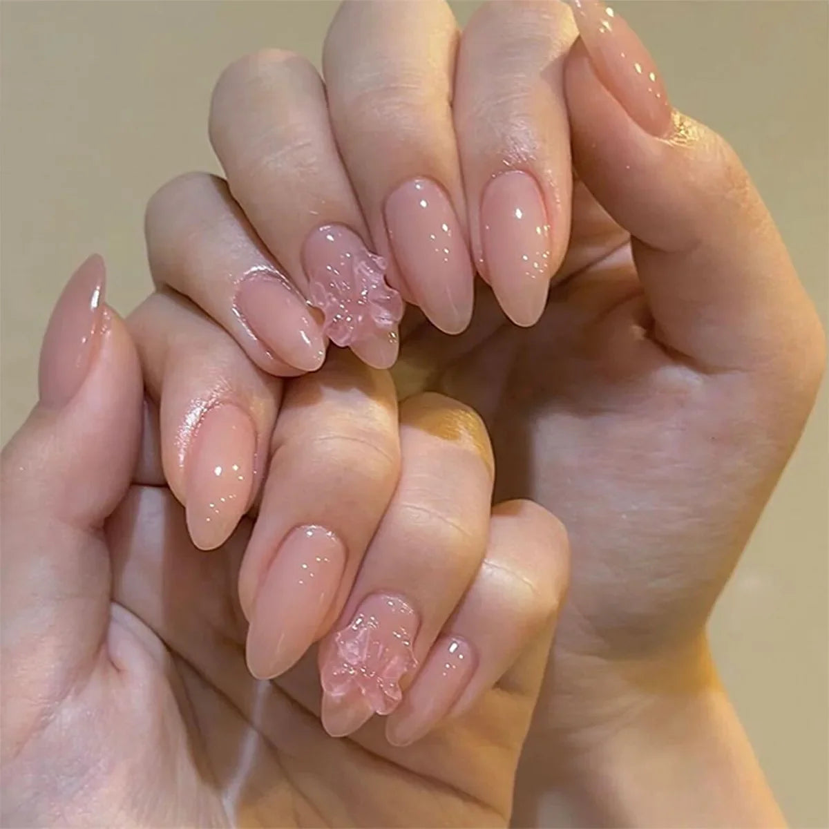 24Pcs Short Oval Head Blush Pink Press on Nails with Simple Designs Almond Nails Wearable Acrylic Full Cover Nail Tips with Glue 23