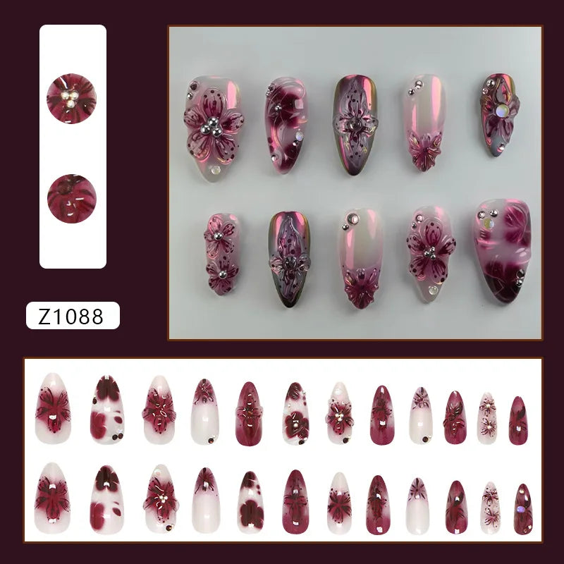 24pcs Flower Print Press on Nails Wine Red Blush Almond False Nail Tips Wearable Reusable Summer Spicy Girl Fake Nails 19