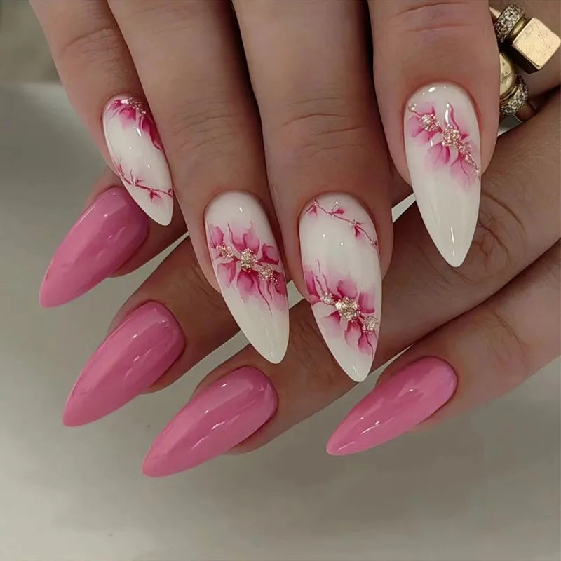 24pcs Red Flower Design Stick on Nail Art French Oval Fake Nail Finished Short Almond False Nails Datachable Press on Nails Tips 3