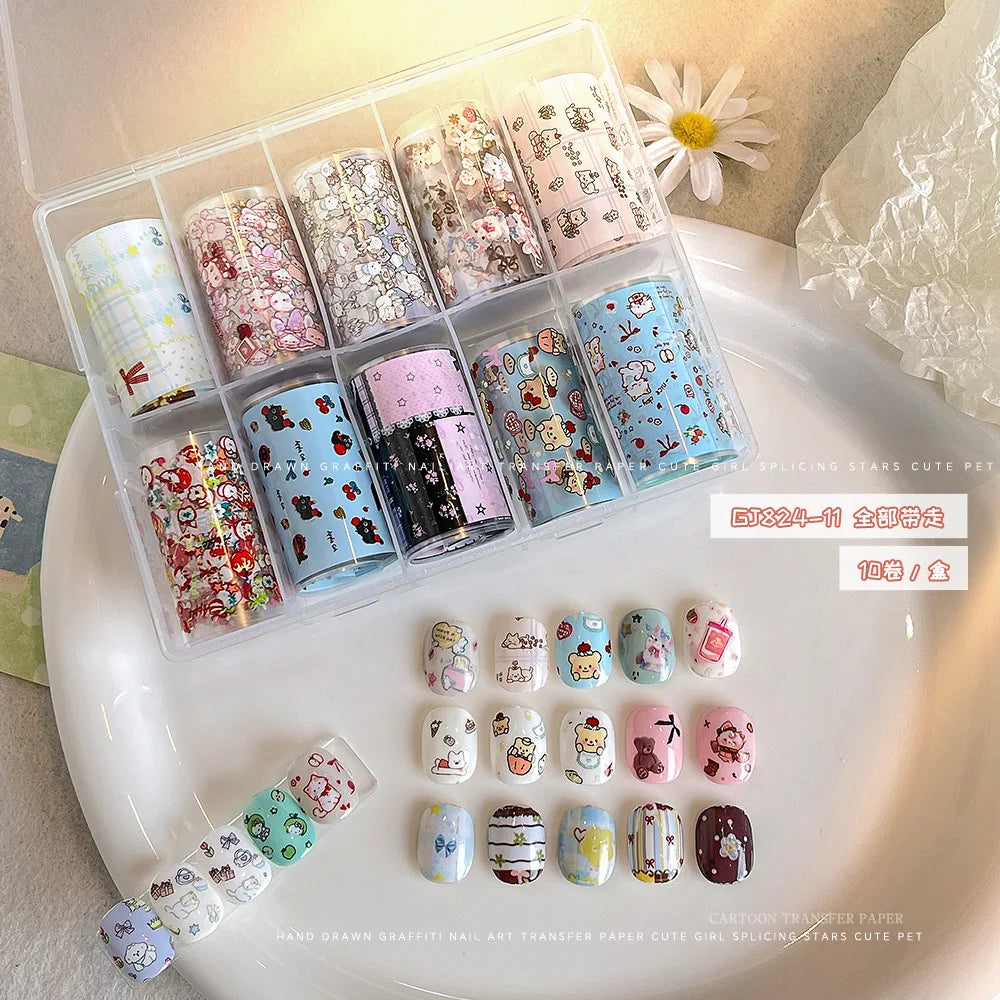 10Rolls Plaid Thousand-Bird Bow  Stars Nail Foils Transfer Paper  Nail Art Stickers  Manicure Set Decal  Nails Decoration 10