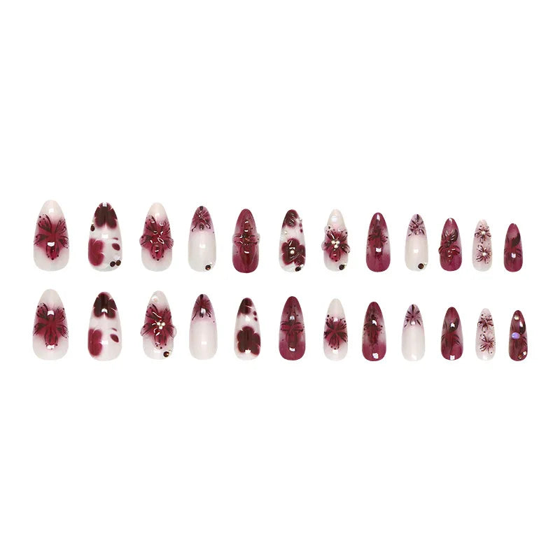 24pcs Flower Print Press on Nails Wine Red Blush Almond False Nail Tips Wearable Reusable Summer Spicy Girl Fake Nails 4