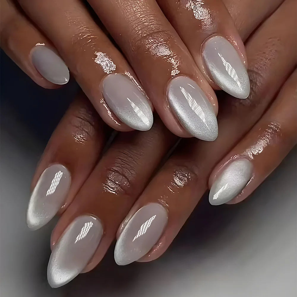 24Pcs Metallic Cat Eye French Sheer Manicure Tip Art Textured 3D Acrylic False Nails Nude Pink Almond Medium Press on Fake Nails 12