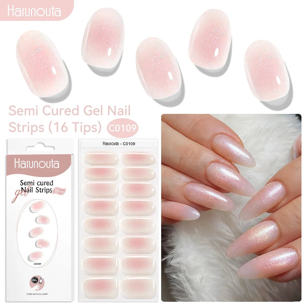 Harunouta 16strips Gradient Red Marble Gold Line Semi Cured Gel Nail Strips DIY Gel Polish Stickers for Nails Work with UV/LED 14