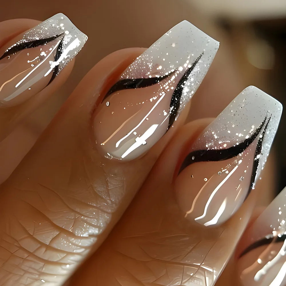 24Pcs Simple Square Head Fake Nail with Jelly Glue Pink White Gradient French Press on False Nails Short Full Cover Nail Tips 53