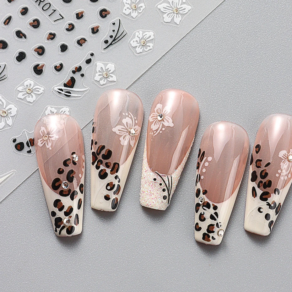 Cheetah French Nails Stickers Flowers Leopard Self-Adhesive Decals Holographic Slider Manicure Art Supplies And Decorations 5