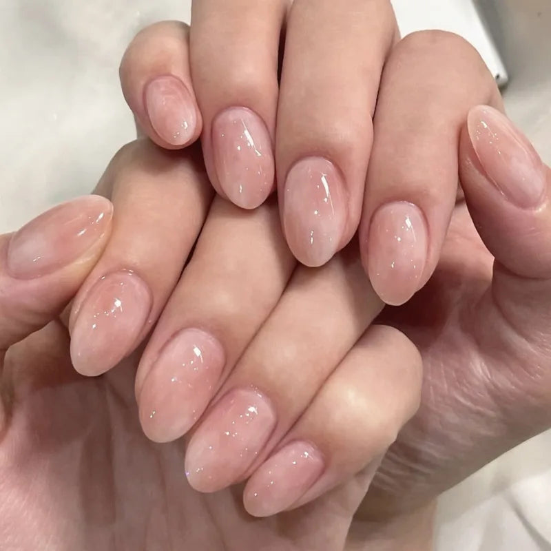 24Pcs Short Oval Head Blush Pink Press on Nails with Simple Designs Almond Nails Wearable Acrylic Full Cover Nail Tips with Glue 26