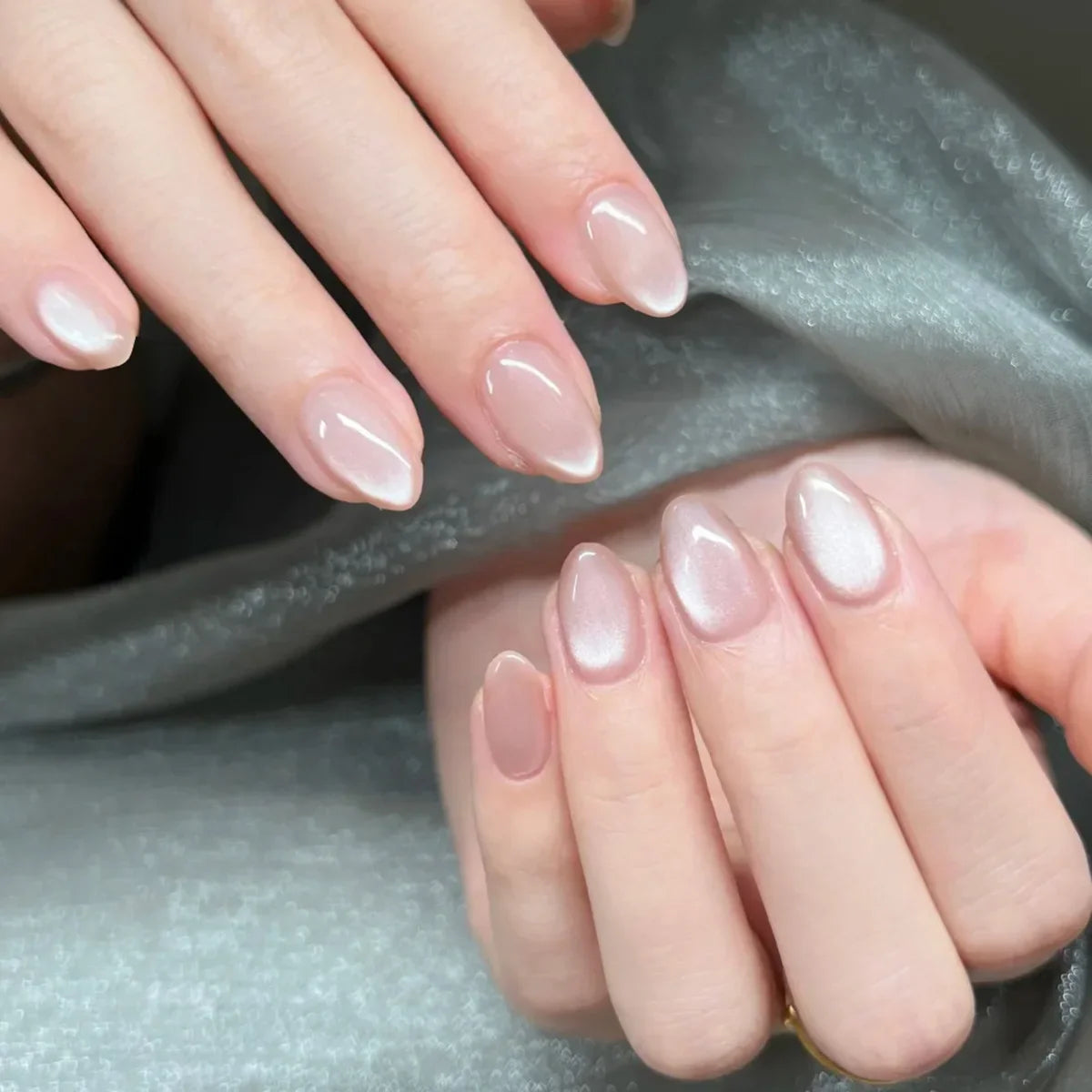 24Pcs Metallic Cat Eye French Sheer Manicure Tip Art Textured 3D Acrylic False Nails Nude Pink Almond Medium Press on Fake Nails 6