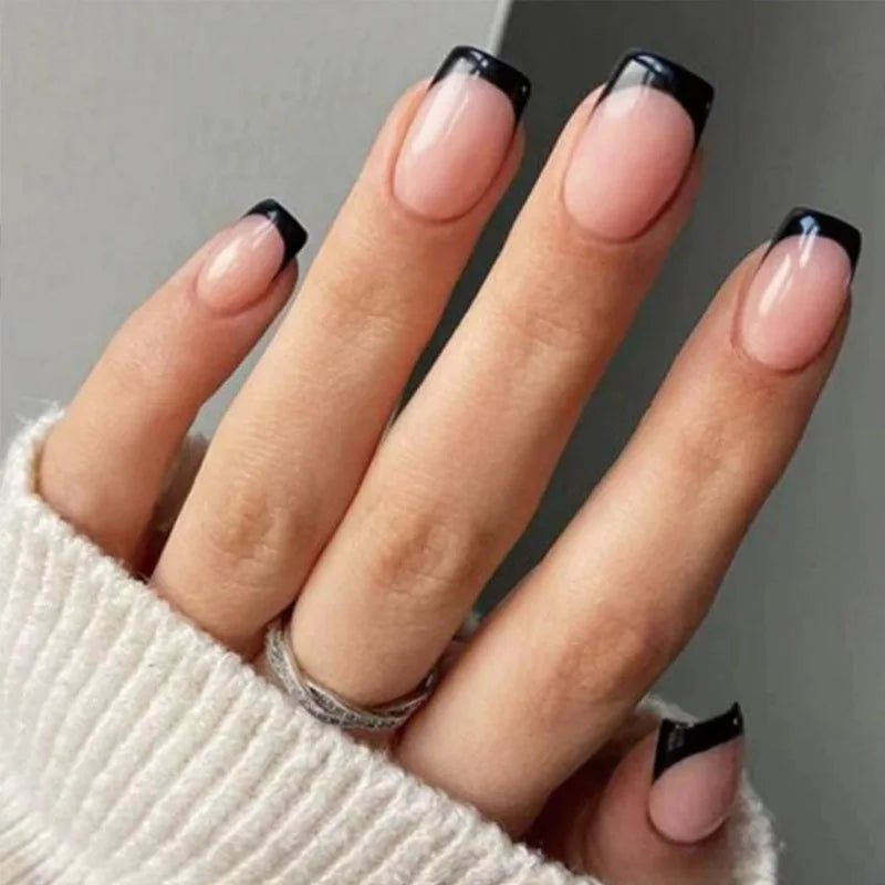 24Pcs Simple Square Head Fake Nail with Jelly Glue Pink White Gradient French Press on False Nails Short Full Cover Nail Tips 49