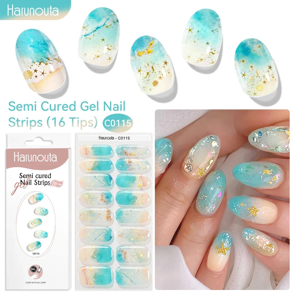 Harunouta 16strips Gradient Red Marble Gold Line Semi Cured Gel Nail Strips DIY Gel Polish Stickers for Nails Work with UV/LED 13