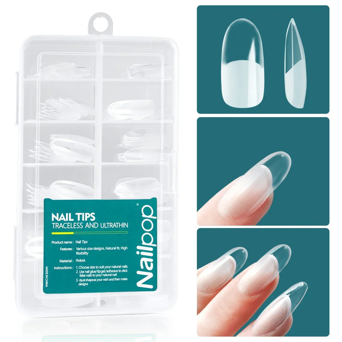 Nailpop 120pcs/box Gel X Nail Tips Medium Short Shape Almond/Square/Soft Gel Nail Tips False Nails Soak Off Easy Nail Extensions 16