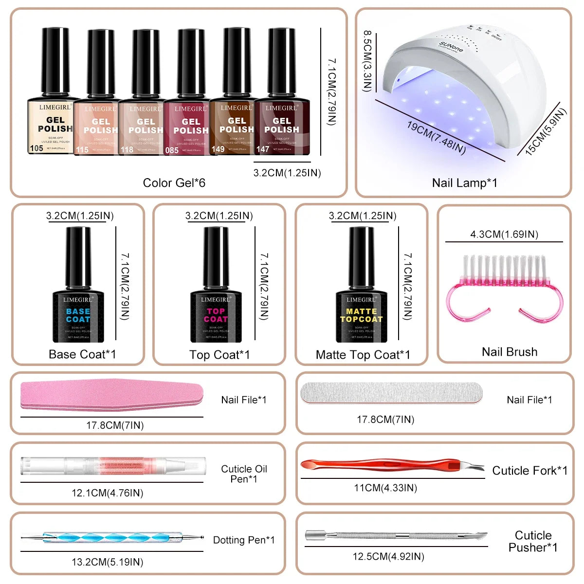 LIMEGIRL Gel Nail Polish Set UV LED Nail Light Gel Nail Kit Semi-Permanent Gel Varn Professional Nail Polishing Art Tool Set 6