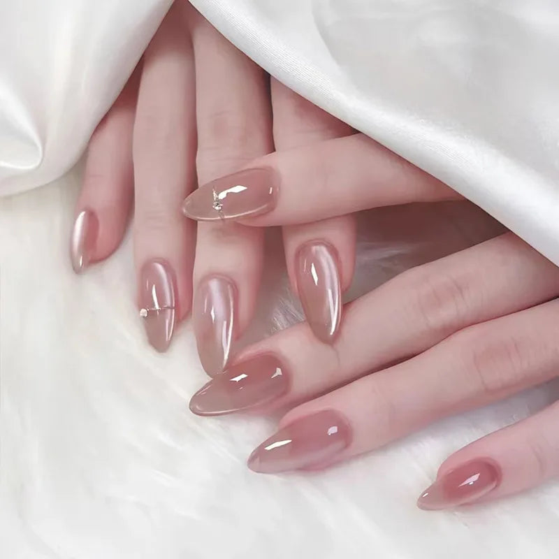 24Pcs Metallic Cat Eye French Sheer Manicure Tip Art Textured 3D Acrylic False Nails Nude Pink Almond Medium Press on Fake Nails 22