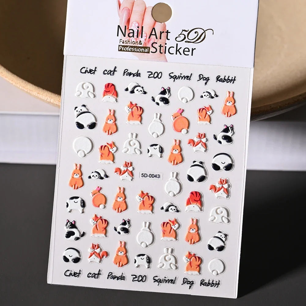 Lovely Cat Nail Decals 3D Animal Cartoon Dog Scrawl Relief Self Adhesive Nail Art Stickers Cute Puppy Kitty Y2K Nails Decoration 15