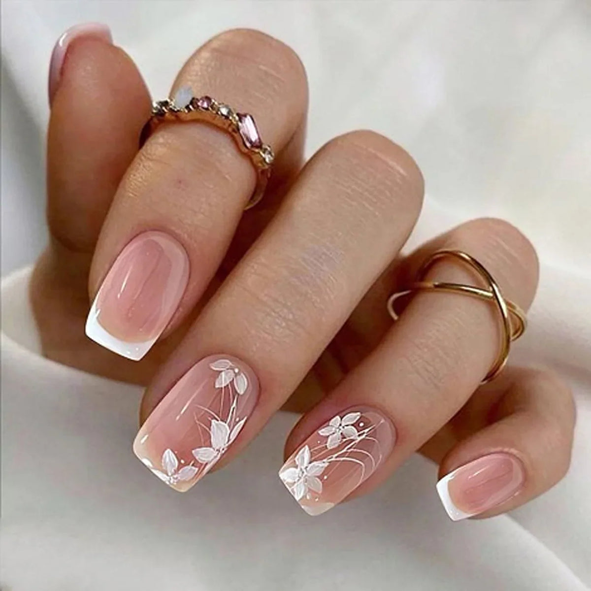 24Pcs Simple Square Head Fake Nail with Jelly Glue Pink White Gradient French Press on False Nails Short Full Cover Nail Tips 20
