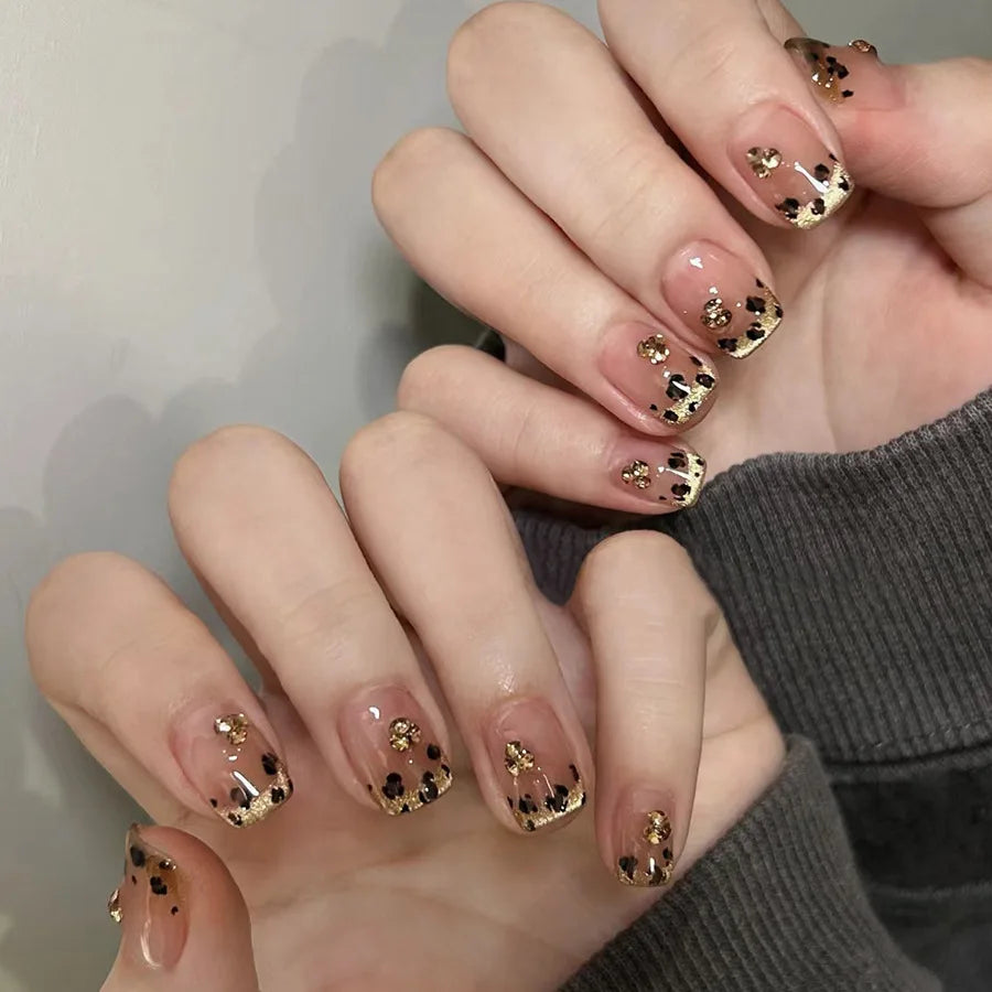 3D Bowknot Pearl Wearable Nail Art Fashion Leopard French Nude Almond Fake Nails Detachable Finished False Nails Press on Nails 16