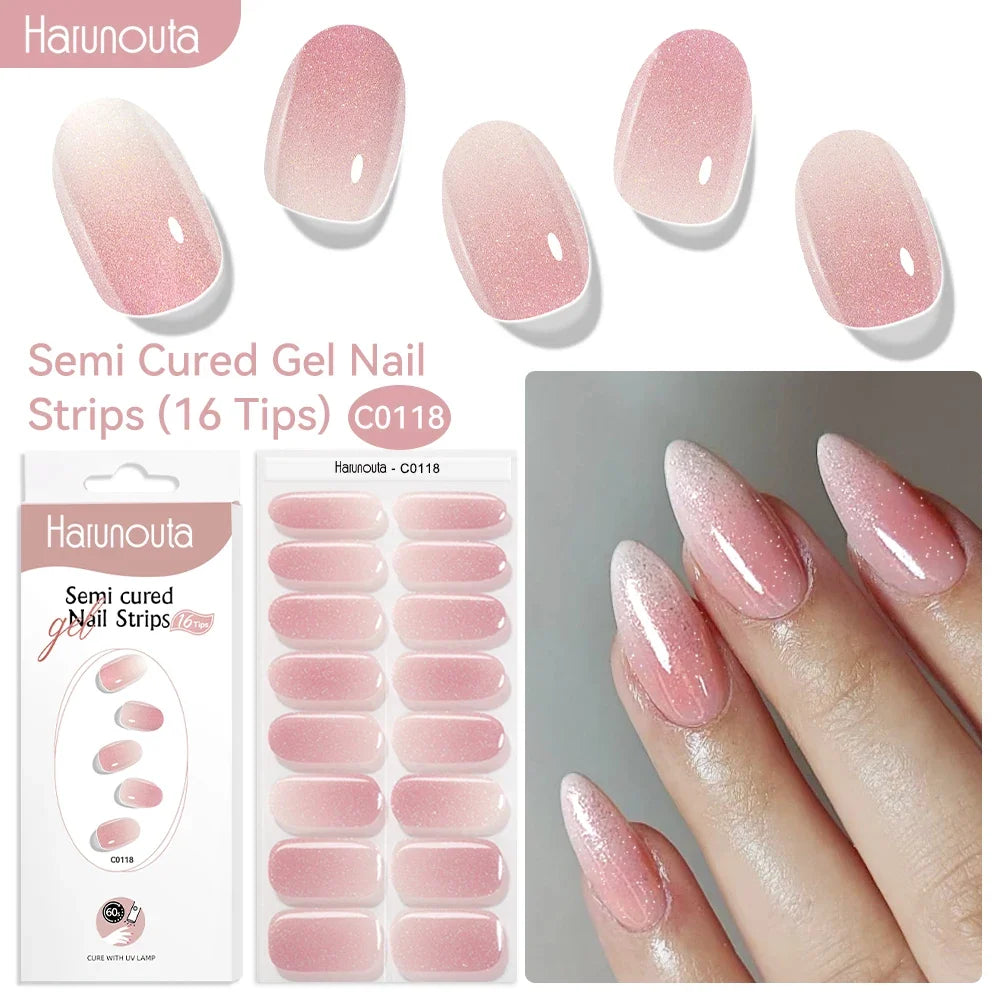 Harunouta 16strips Gradient Red Marble Gold Line Semi Cured Gel Nail Strips DIY Gel Polish Stickers for Nails Work with UV/LED 41
