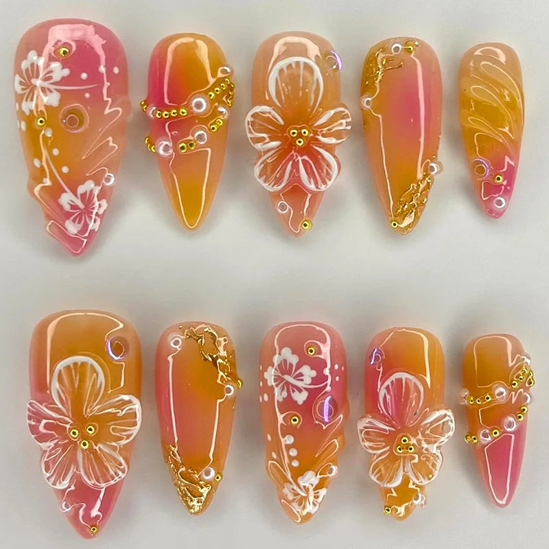 24Pcs 3D Strawberry Rabbit Flower Fake Nails Press on Mid-length Almond Wearable False Nails Green Gradient Pearl Manicure Tips 8