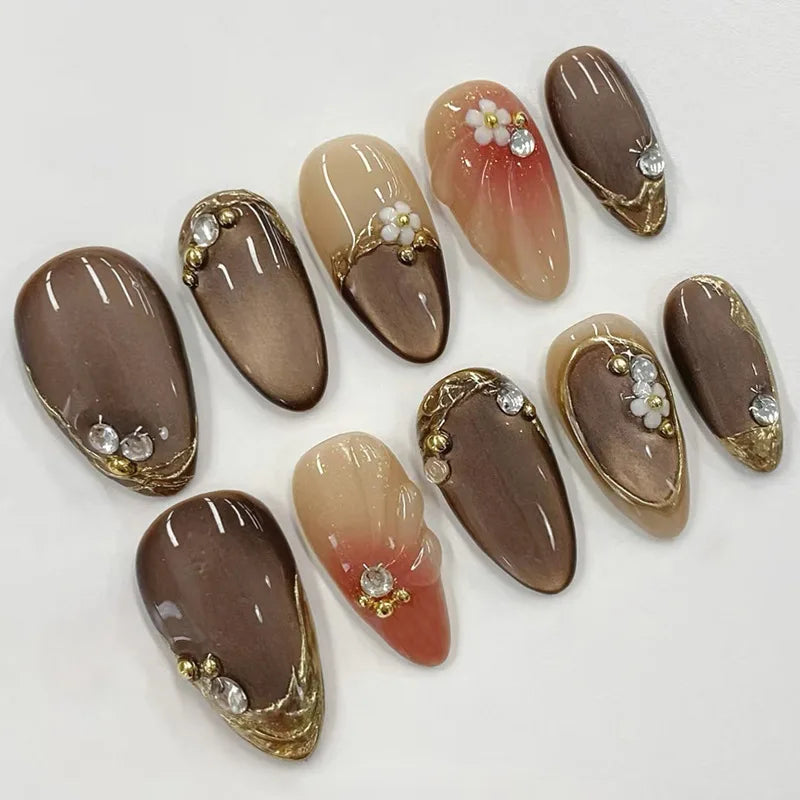 24Pcs 3D Strawberry Rabbit Flower Fake Nails Press on Mid-length Almond Wearable False Nails Green Gradient Pearl Manicure Tips 22