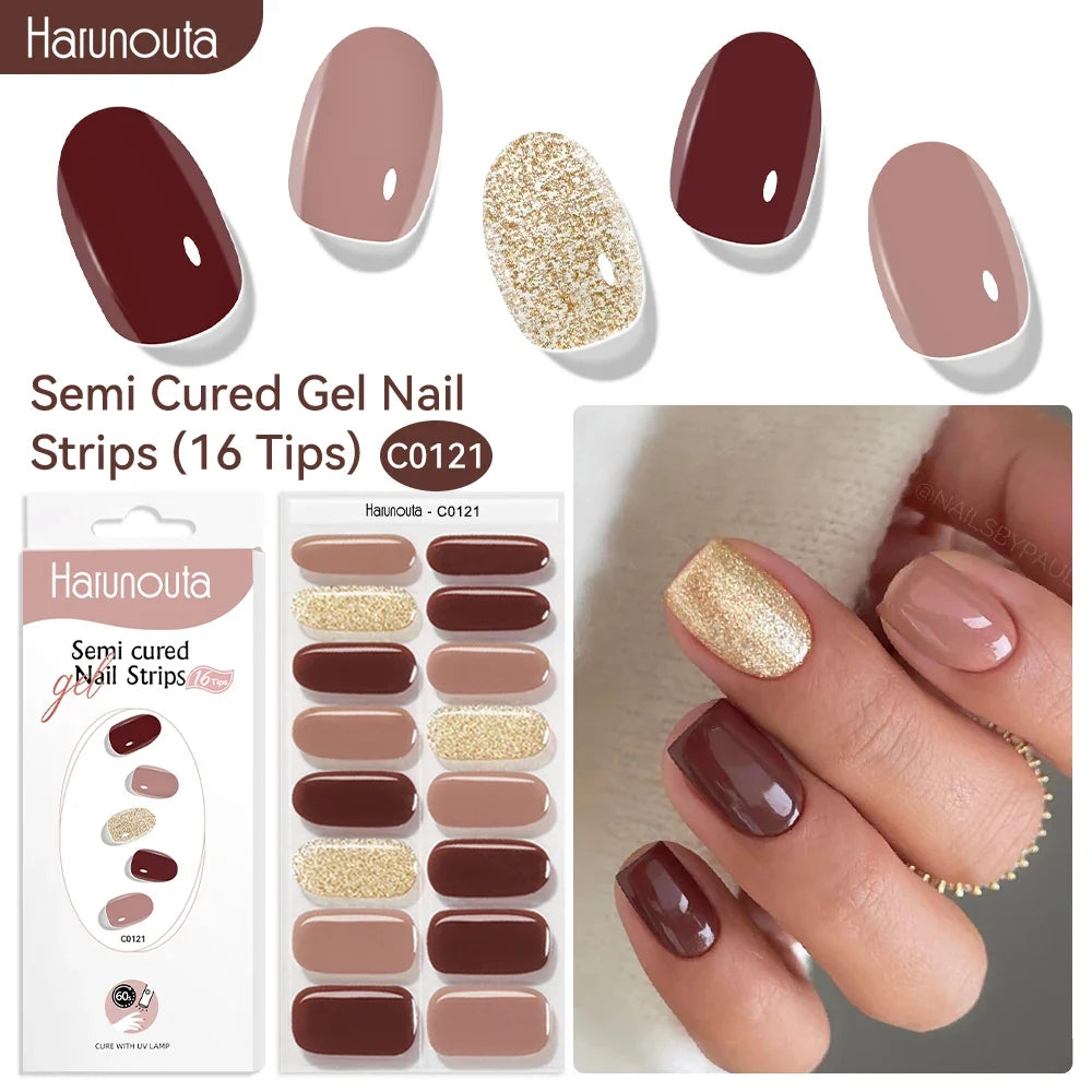 Harunouta 16strips Gradient Red Marble Gold Line Semi Cured Gel Nail Strips DIY Gel Polish Stickers for Nails Work with UV/LED 25