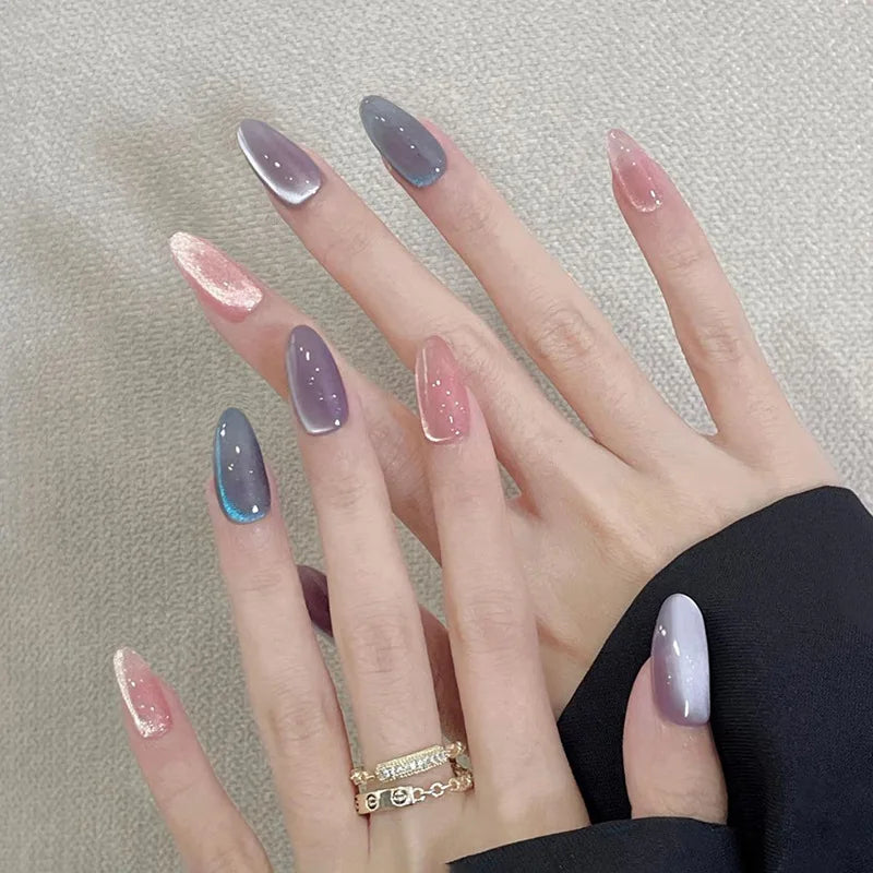 24Pcs Metallic Cat Eye French Sheer Manicure Tip Art Textured 3D Acrylic False Nails Nude Pink Almond Medium Press on Fake Nails 23