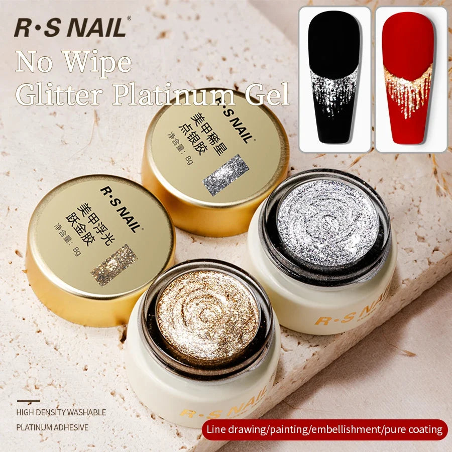 RSNAIL No Wipe Platinum Gel Nail Polish 8g Sparkle Painting Metallic Golden Silvery Liner Gel French Drawing Liner DIY Nail Art 2