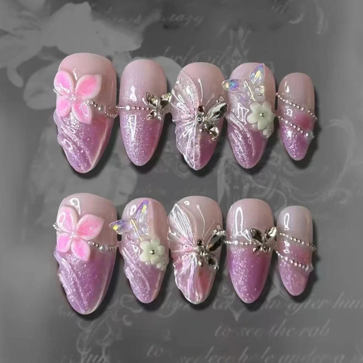 24Pcs 3D Strawberry Rabbit Flower Fake Nails Press on Mid-length Almond Wearable False Nails Green Gradient Pearl Manicure Tips 27
