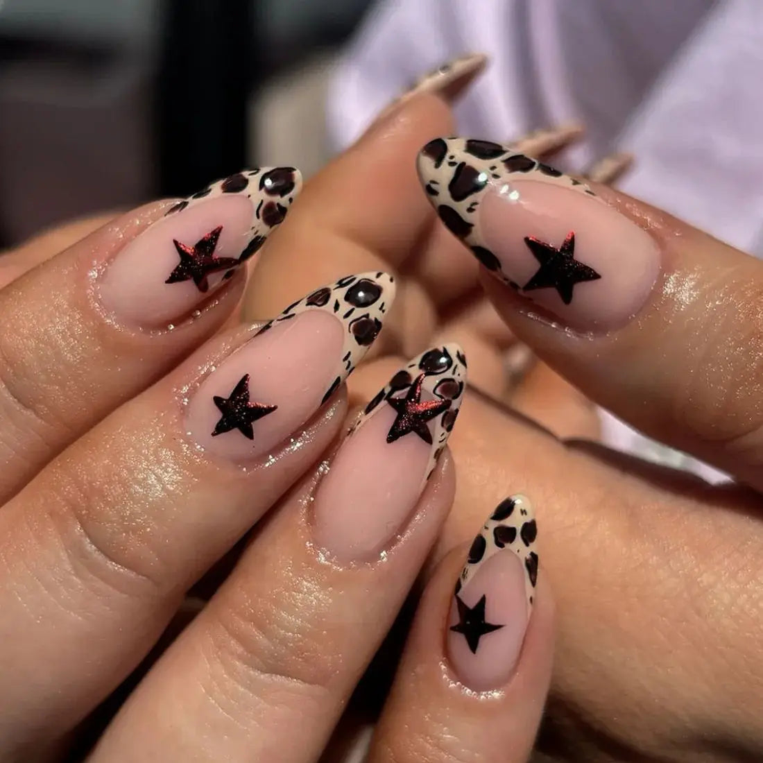 Black Leopard Print Light Yellow French Red Flowers Fake Nails Fashion Detachable Finished False Nails Press on Nails with Glue 4