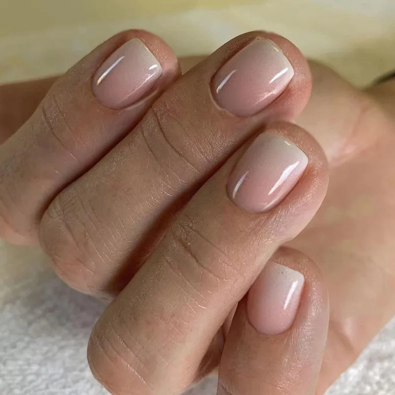 24Pcs Simple Square Head Fake Nail with Jelly Glue Pink White Gradient French Press on False Nails Short Full Cover Nail Tips 31