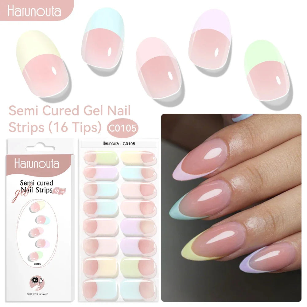 Harunouta 16strips Gradient Red Marble Gold Line Semi Cured Gel Nail Strips DIY Gel Polish Stickers for Nails Work with UV/LED 17