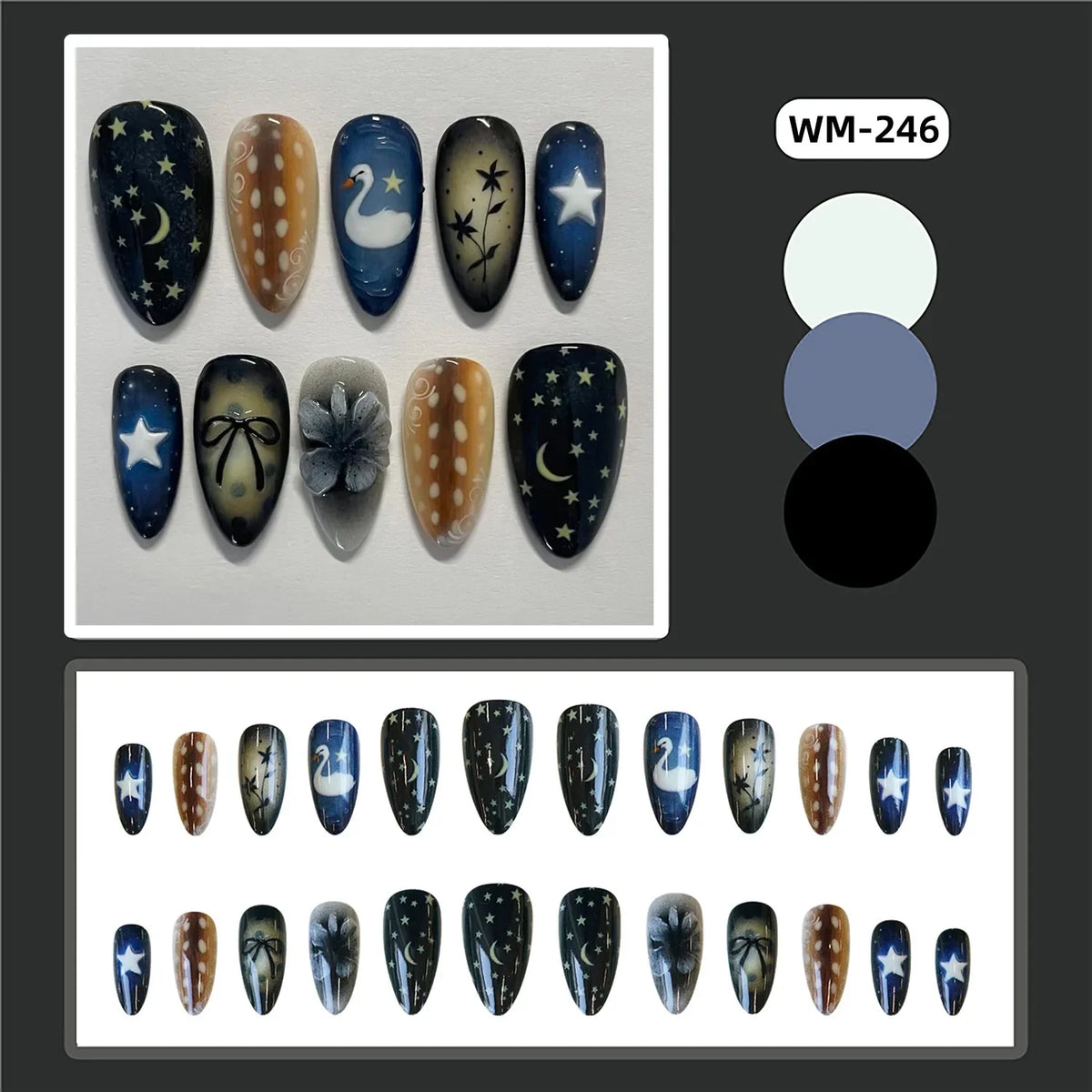 24pcs Gradient Black False Nails Yellow Star Moon Swan Pattern Press On Nails Sweet Cool Bowknots Flower Fake Nail Y2k Manicure 2