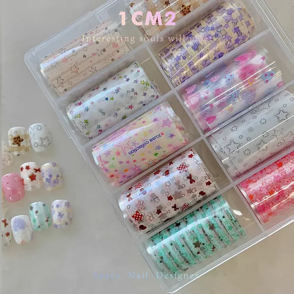 10Rolls Plaid Thousand-Bird Bow  Stars Nail Foils Transfer Paper  Nail Art Stickers  Manicure Set Decal  Nails Decoration 70