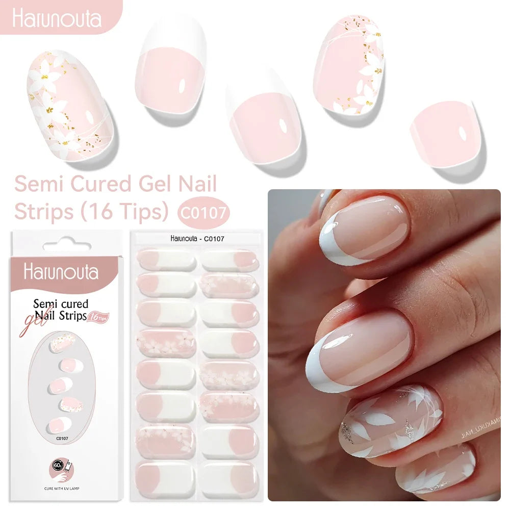 Harunouta 16strips Gradient Red Marble Gold Line Semi Cured Gel Nail Strips DIY Gel Polish Stickers for Nails Work with UV/LED 11