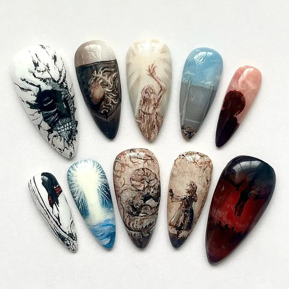 24pcs Flower Print Press on Nails Wine Red Blush Almond False Nail Tips Wearable Reusable Summer Spicy Girl Fake Nails 12