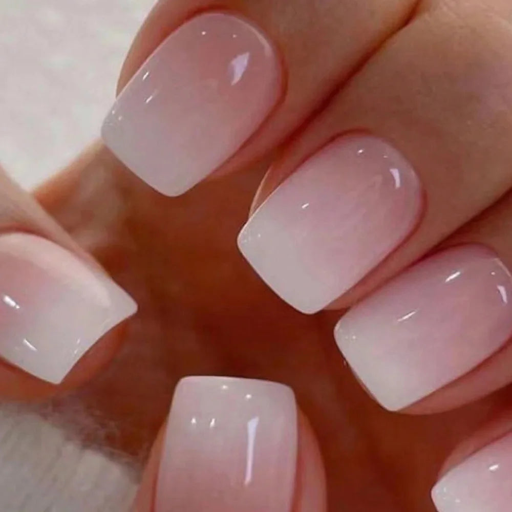24Pcs Simple Square Head Fake Nail with Jelly Glue Pink White Gradient French Press on False Nails Short Full Cover Nail Tips 43