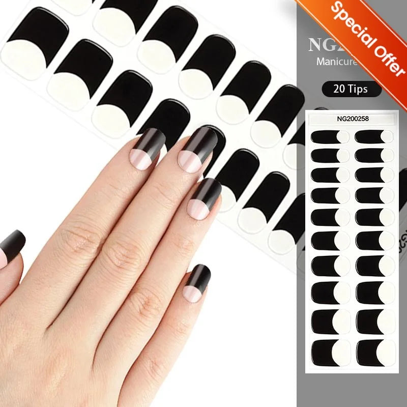 20Tips Gradient French Semi-cured Gel Nail Sticker UV Lamp Needed Full Cover Nail Gel Polish Wraps Manicure Press on Nails Decal 27