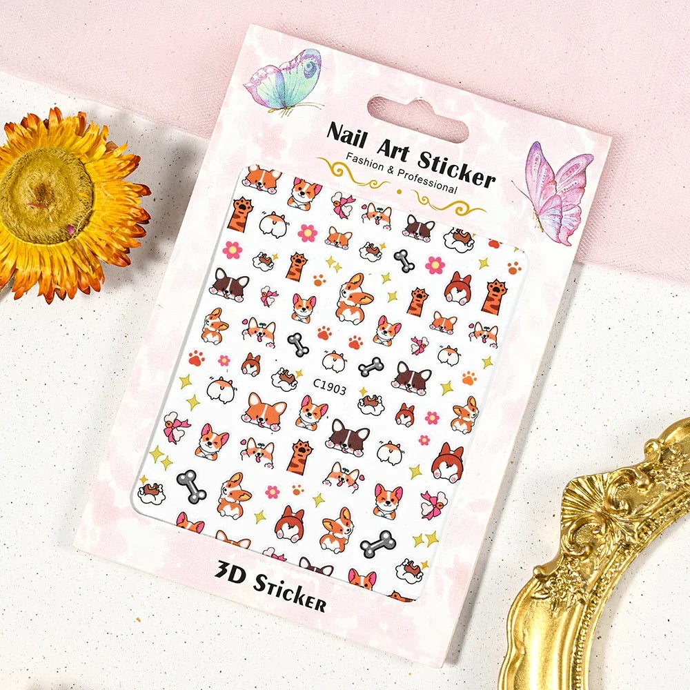 Lovely Cat Nail Decals 3D Animal Cartoon Dog Scrawl Relief Self Adhesive Nail Art Stickers Cute Puppy Kitty Y2K Nails Decoration 10