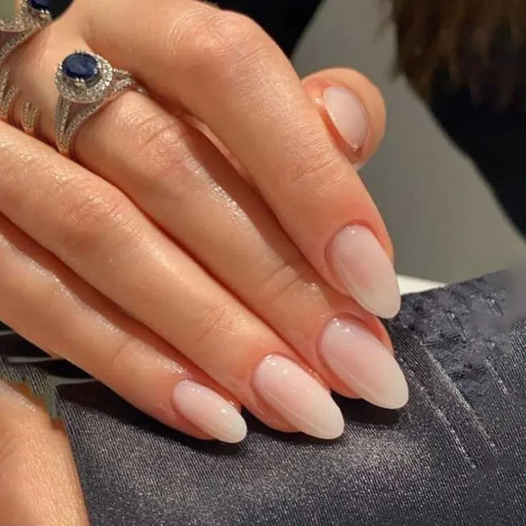 24Pcs Short Oval Head Blush Pink Press on Nails with Simple Designs Almond Nails Wearable Acrylic Full Cover Nail Tips with Glue 12