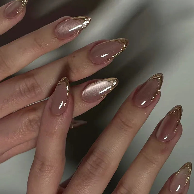 24Pcs Metallic Cat Eye French Sheer Manicure Tip Art Textured 3D Acrylic False Nails Nude Pink Almond Medium Press on Fake Nails 1