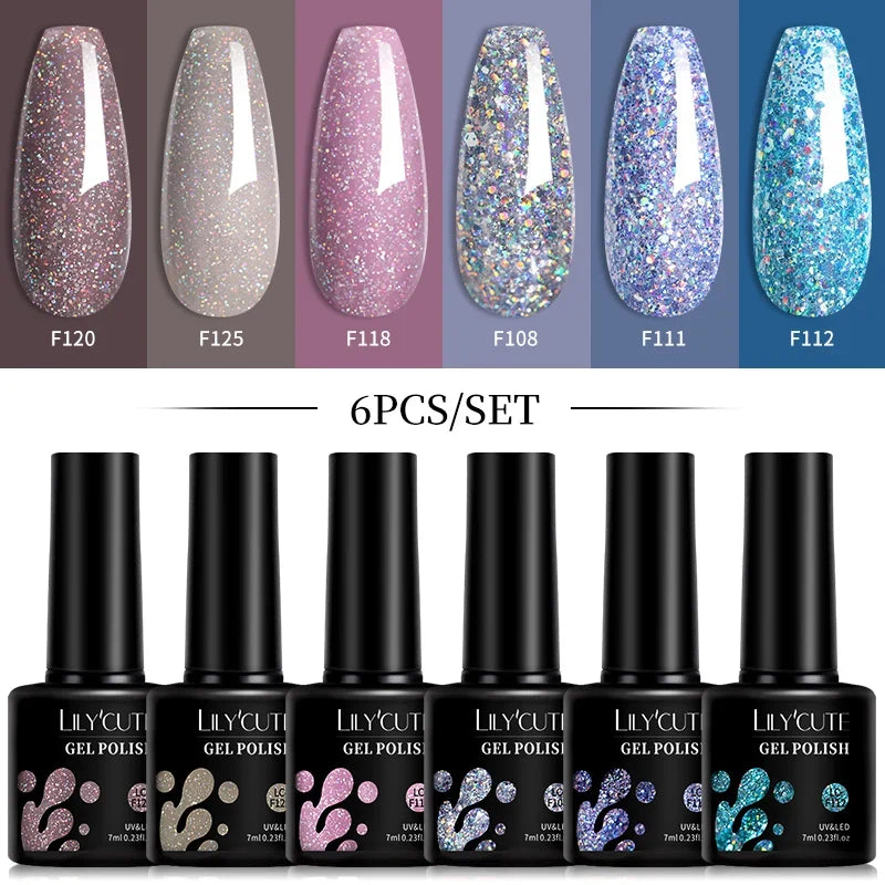 LILYCUTE 6Pcs/Set 7ML Gel DIY Nail Polish Bright Pink Semi Permanent Soak Off UV LED Gel Varnish Nail Art Design Manicure Kit 35