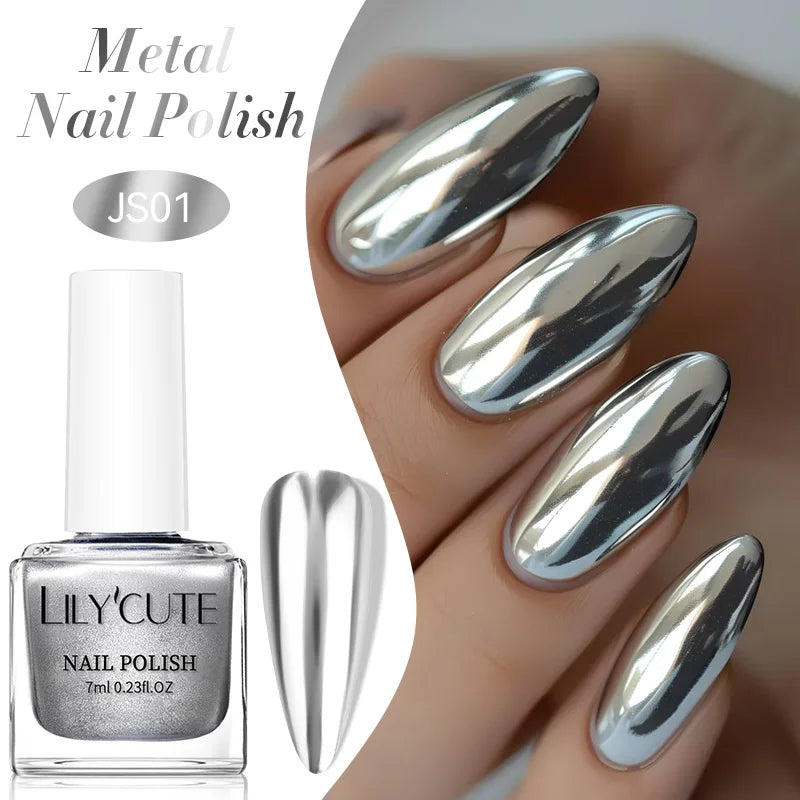 LILYCUTE 7ML Super Bright Silver Metallic Nail Polish No Need Lamp Quick Dry French Style Glass Bottle Manicure Nail Art Varnish 7