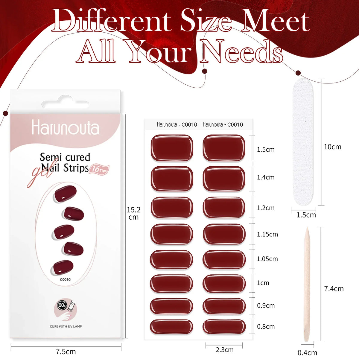 Harunouta 16strips Gradient Red Marble Gold Line Semi Cured Gel Nail Strips DIY Gel Polish Stickers for Nails Work with UV/LED 3