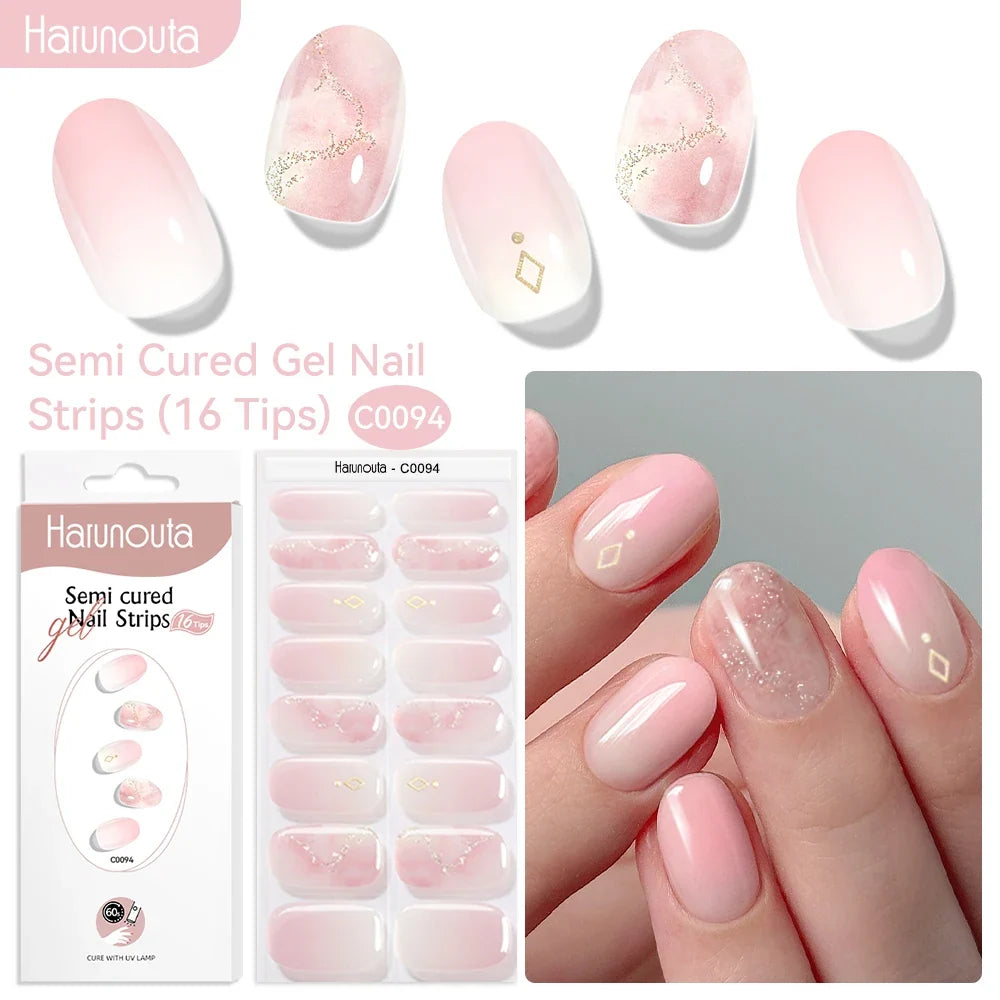 Harunouta 16strips Gradient Red Marble Gold Line Semi Cured Gel Nail Strips DIY Gel Polish Stickers for Nails Work with UV/LED 37