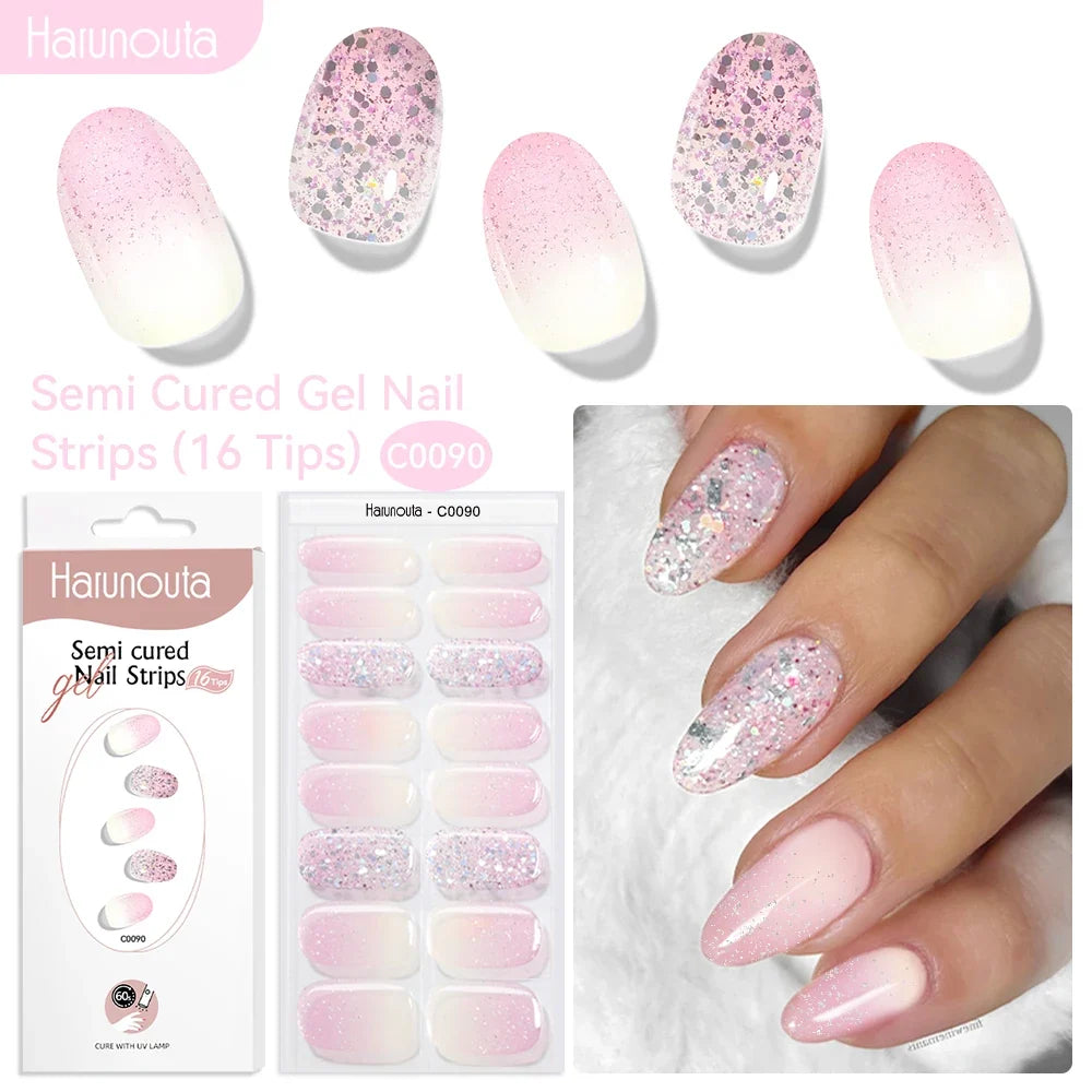 Harunouta 16strips Gradient Red Marble Gold Line Semi Cured Gel Nail Strips DIY Gel Polish Stickers for Nails Work with UV/LED 39